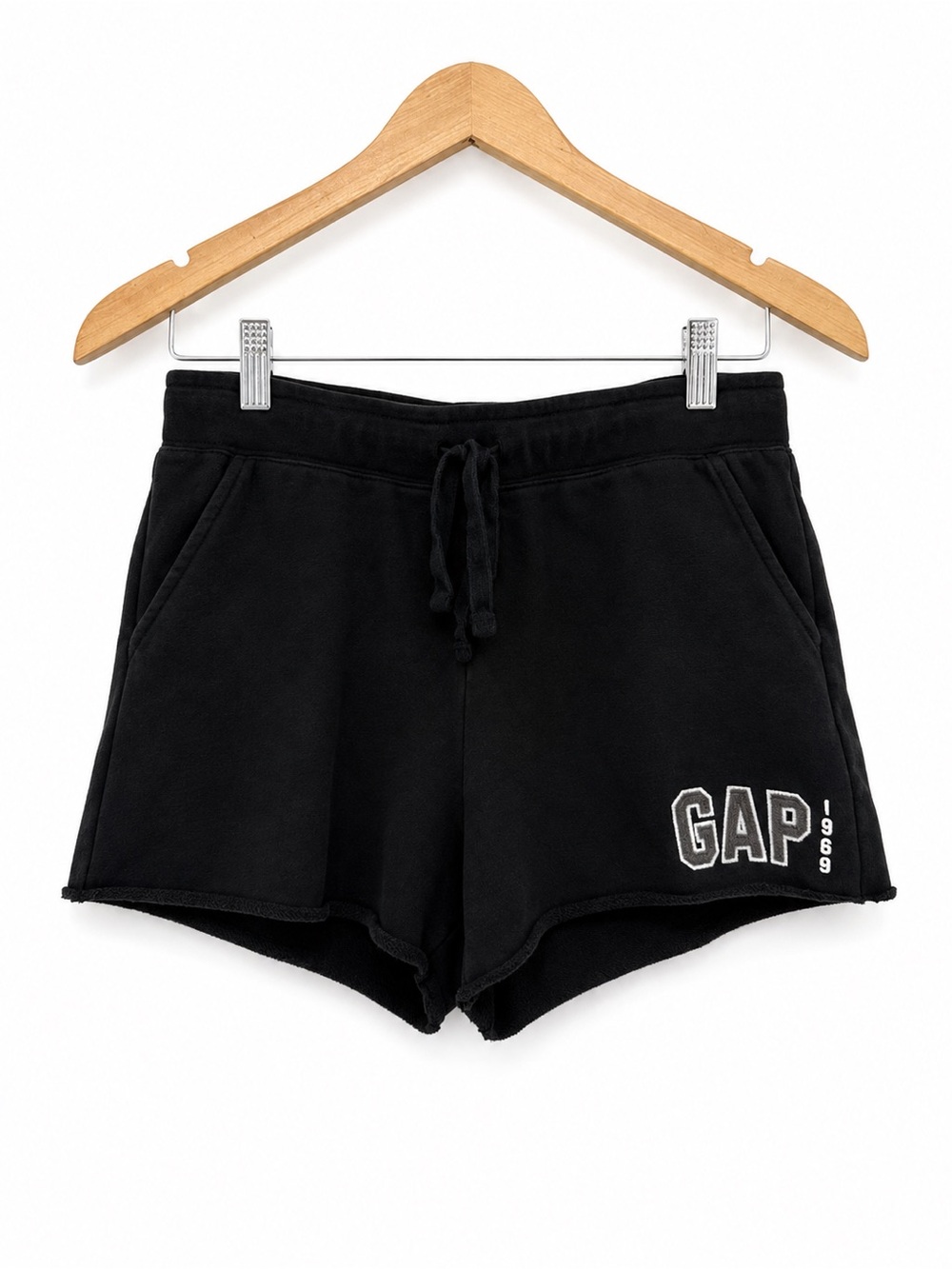GAP 1969 Black Logo Sweat Shorts Raw Hem Drawstring Size S Y2K Style Lounge